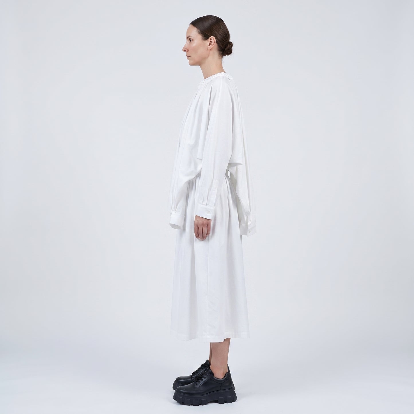Elegant Gathered White Cotton Dress