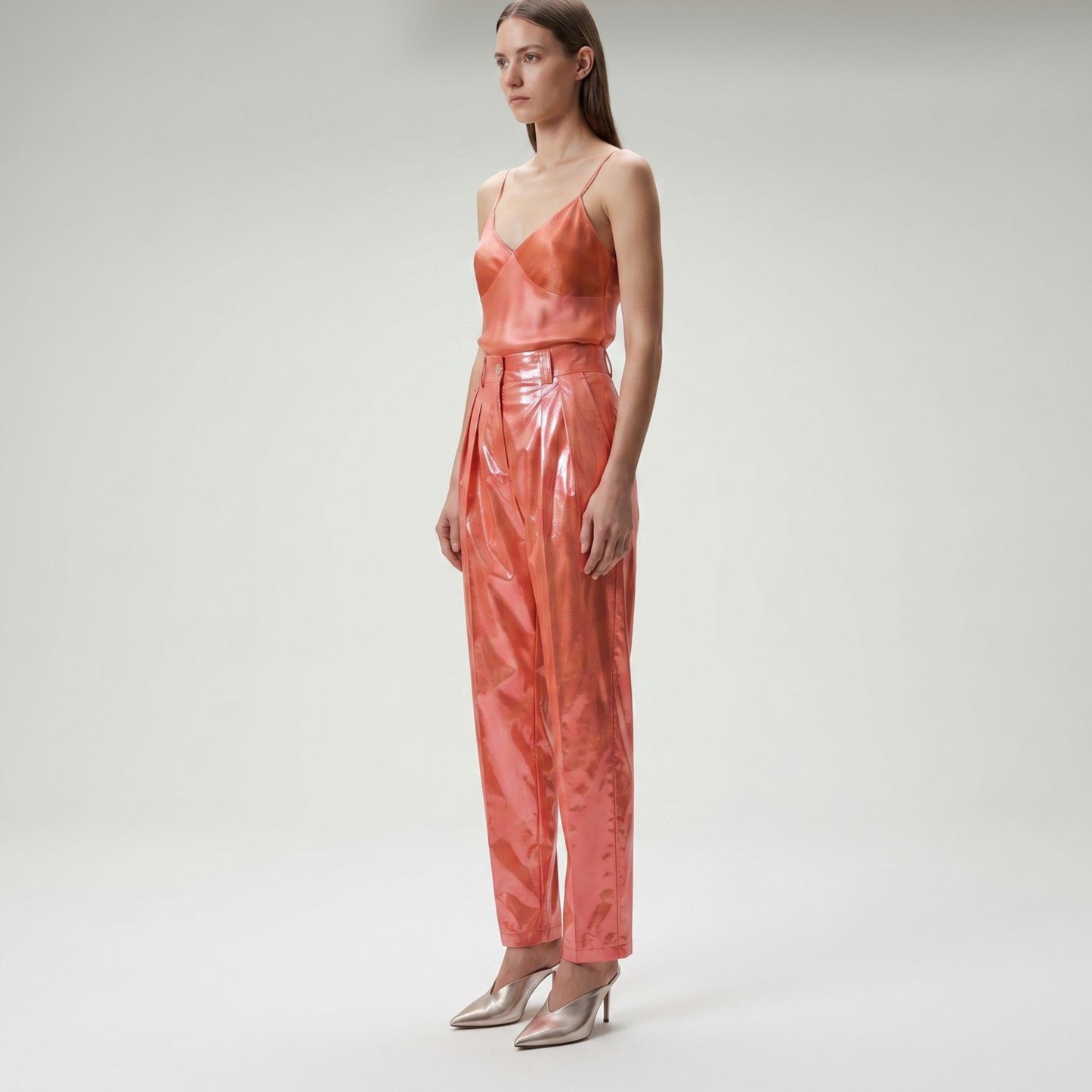 High-Gloss Pleated Tailored Trousers