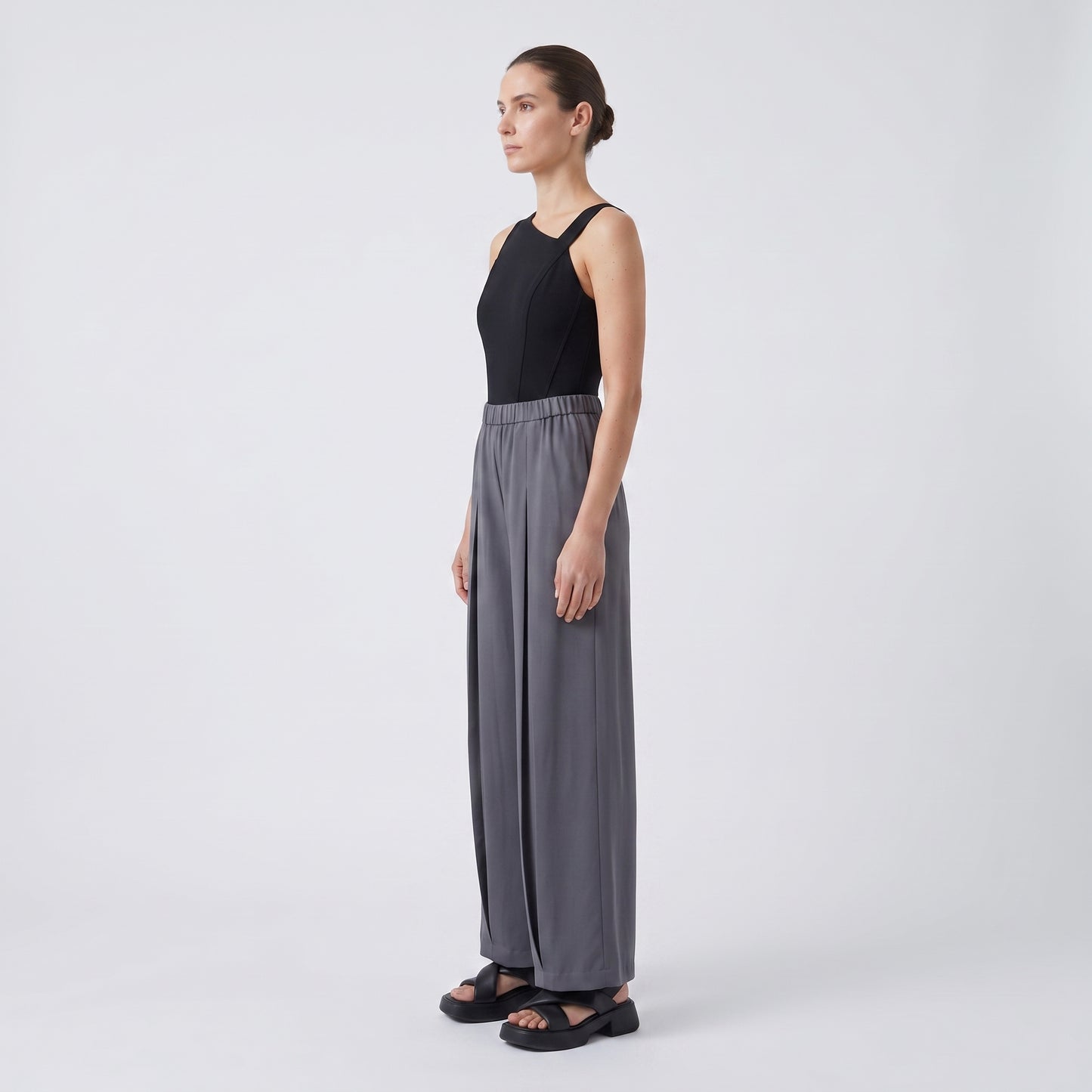 Pleated Wide Leg Charcoal Trousers