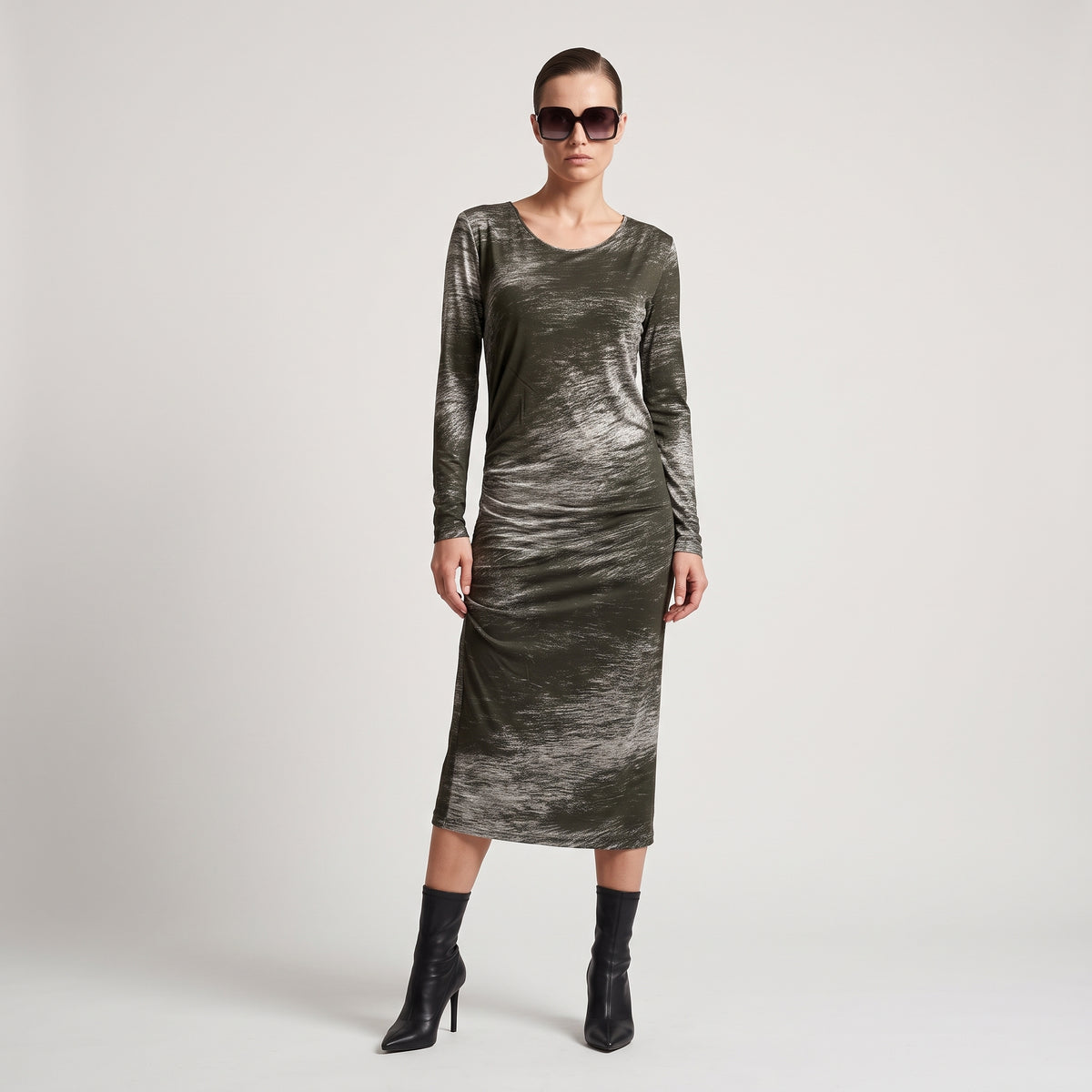 Abstract Print Ruched Midi Dress