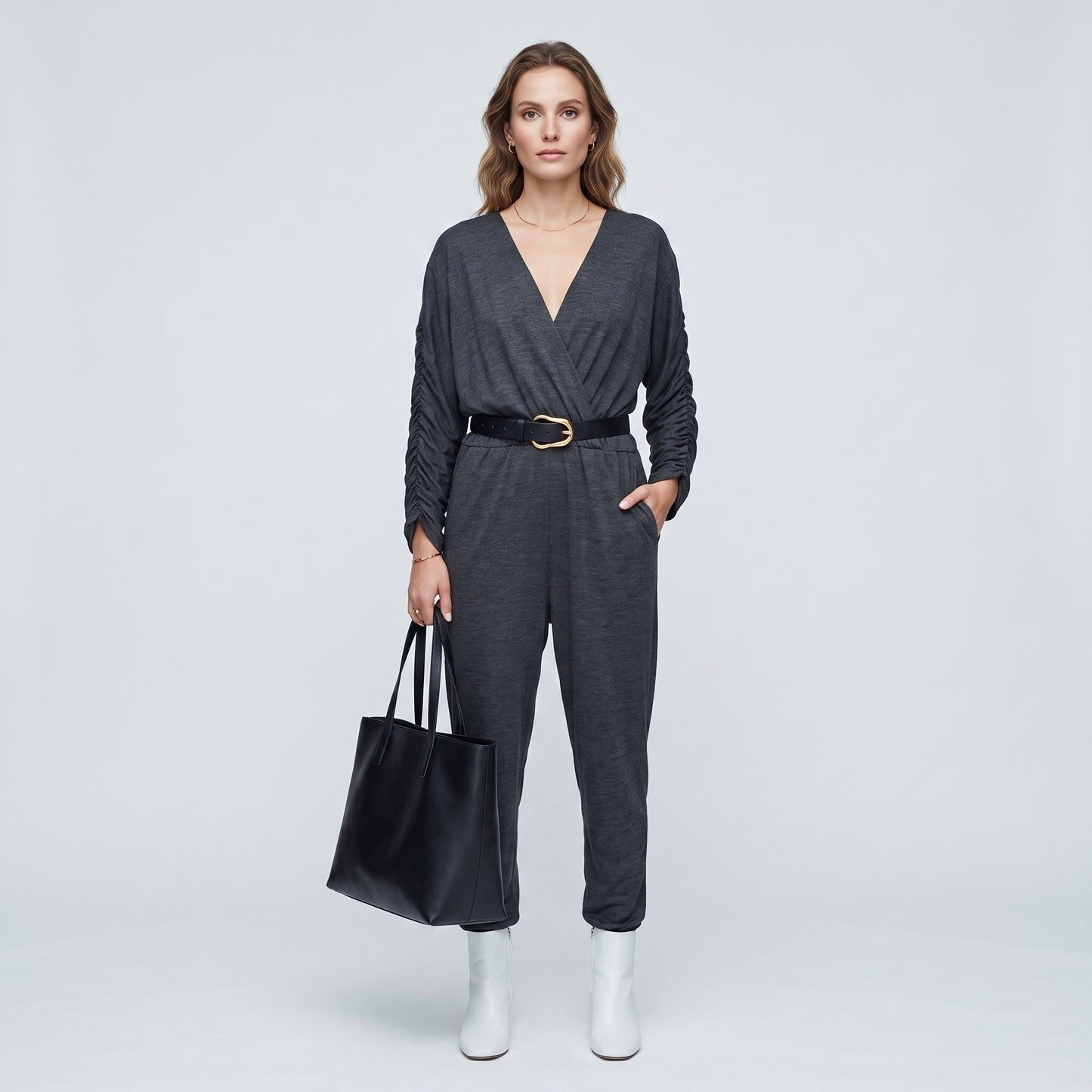 Charcoal V-Neck Ruched Jumpsuit