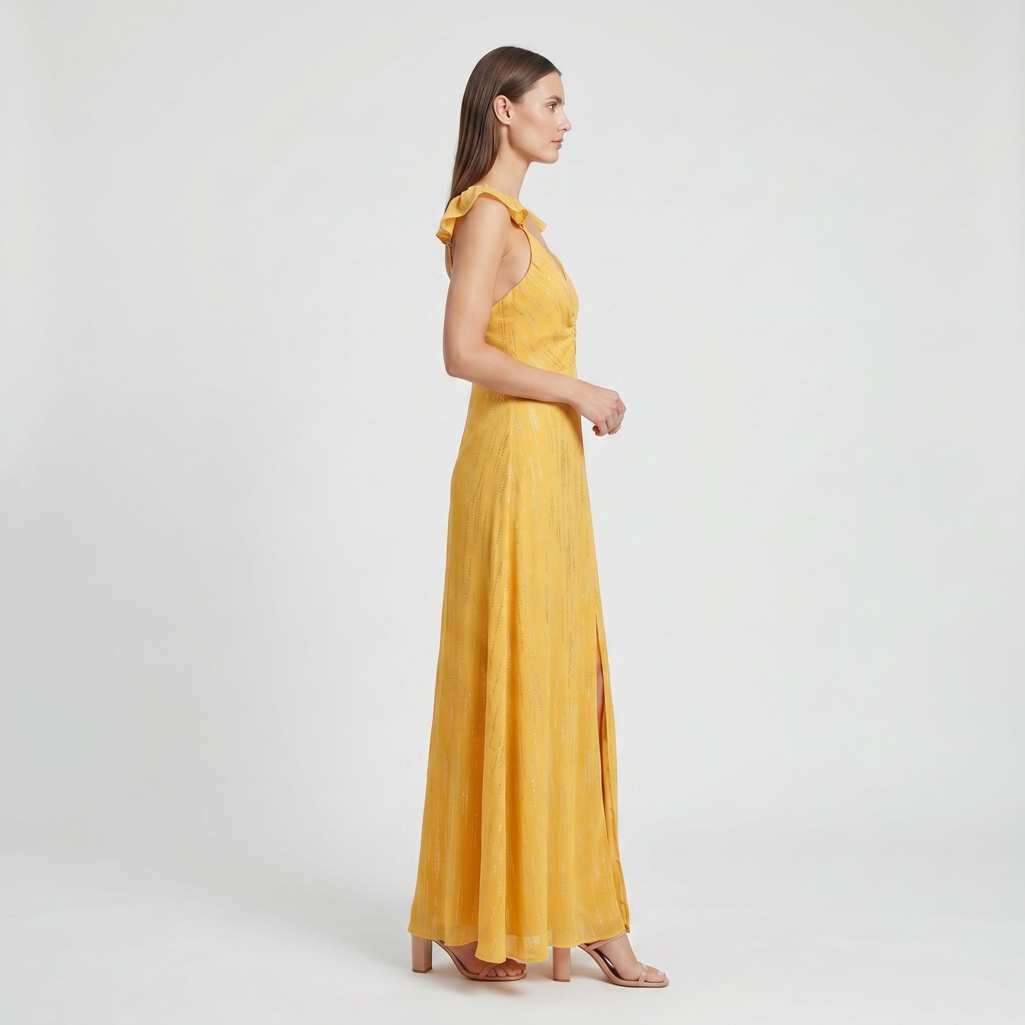 Metallic Ruffle Strap Maxi Dress