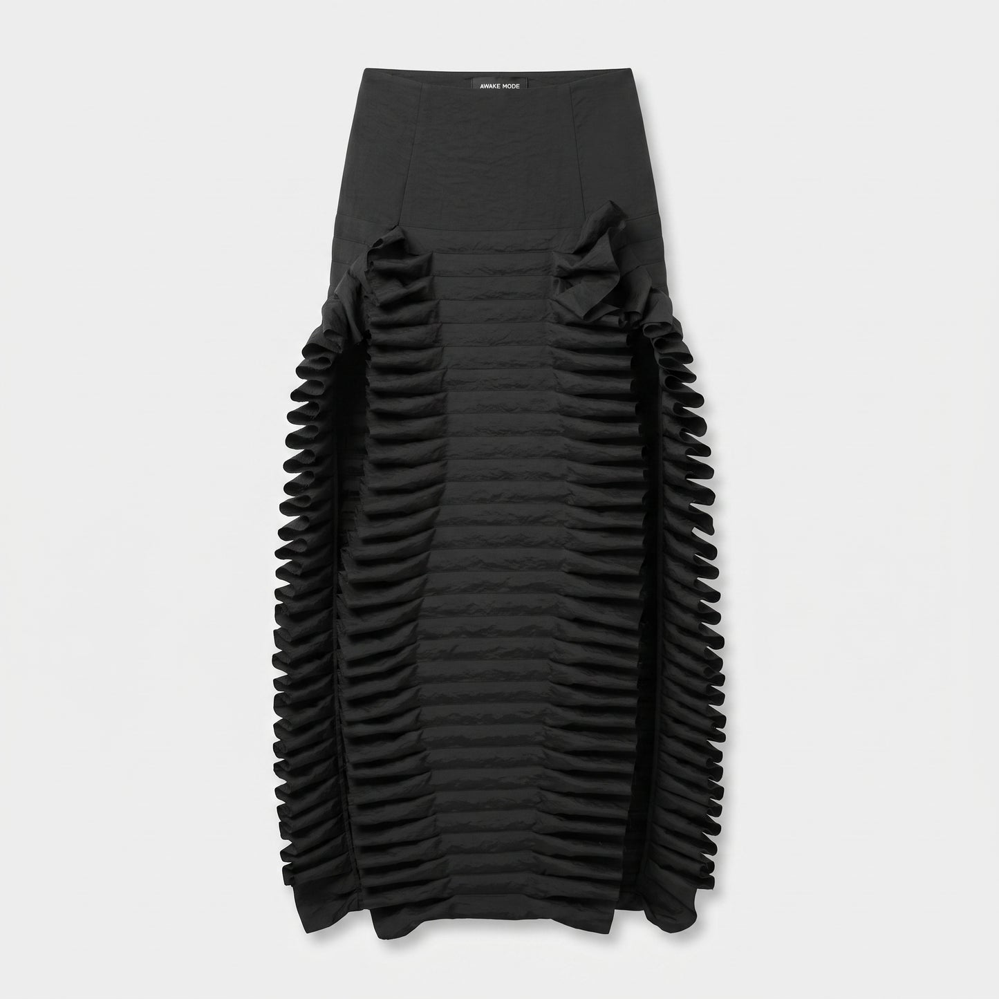 Ruffled High-Waisted Black Midi Skirt