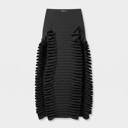 Ruffled High-Waisted Black Midi Skirt