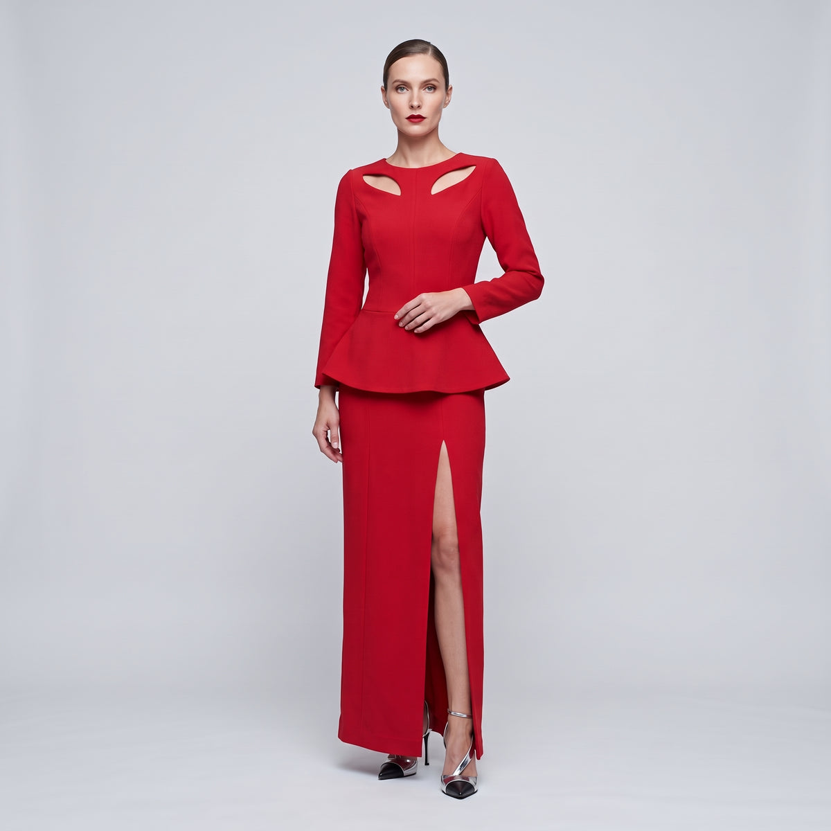Structured Red Peplum Midi Dress