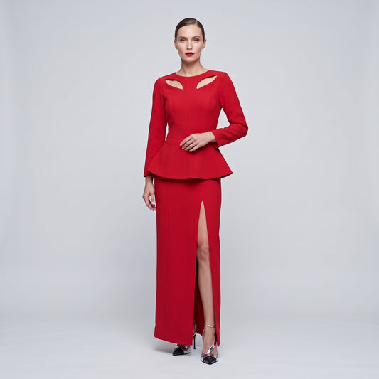 Structured Red Peplum Midi Dress