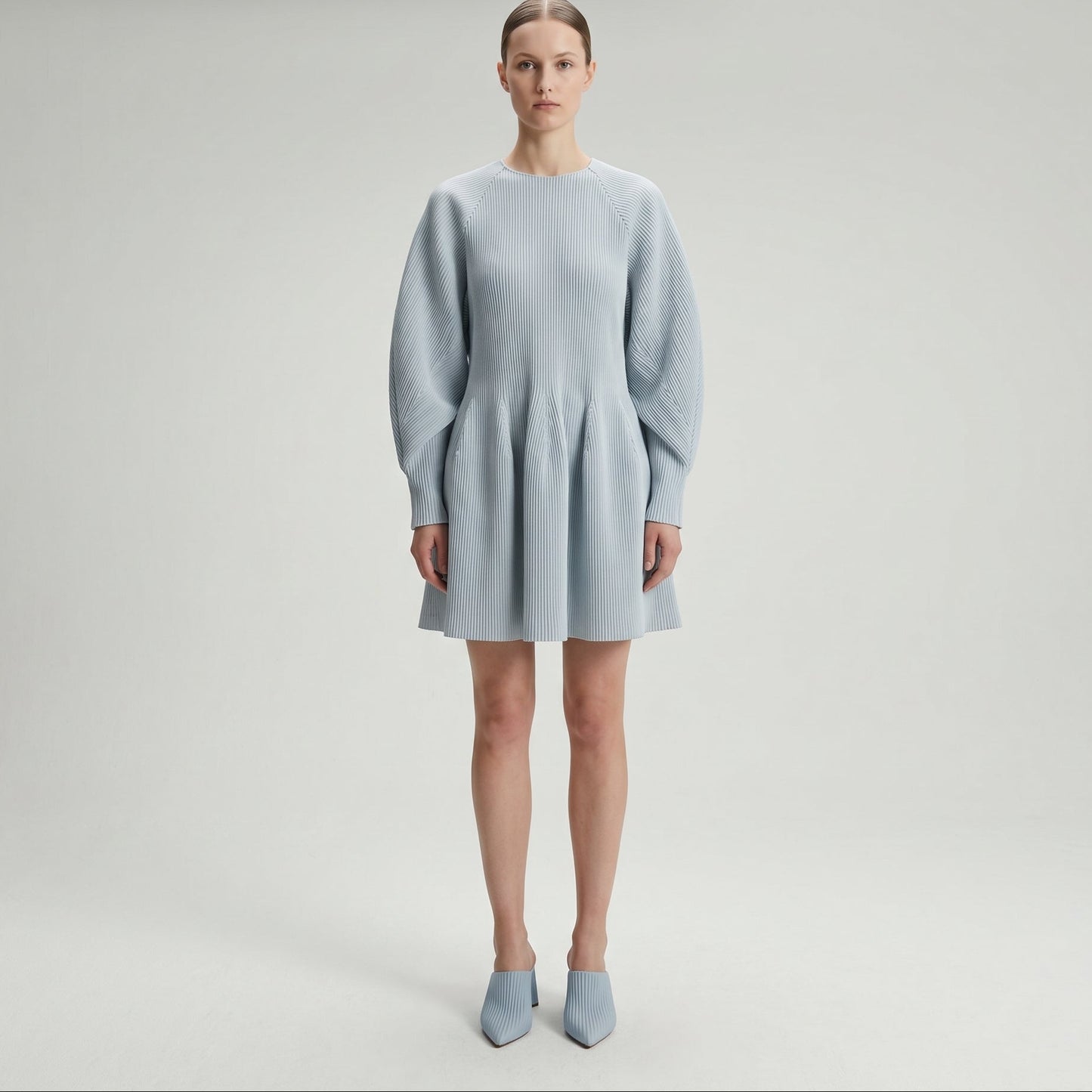 Pleated Ribbed Knit Dress