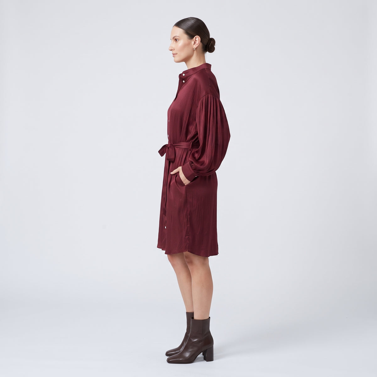 Burgundy Balloon Sleeve Shirt Dress