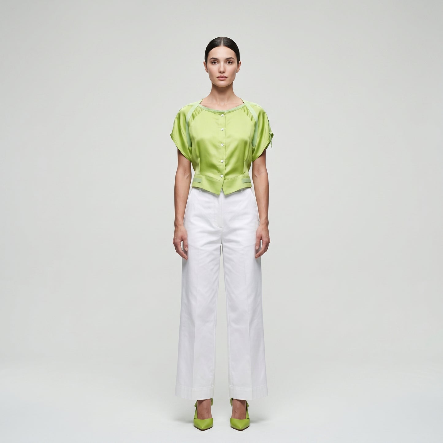 Vibrant Lime Satin Buttoned Top