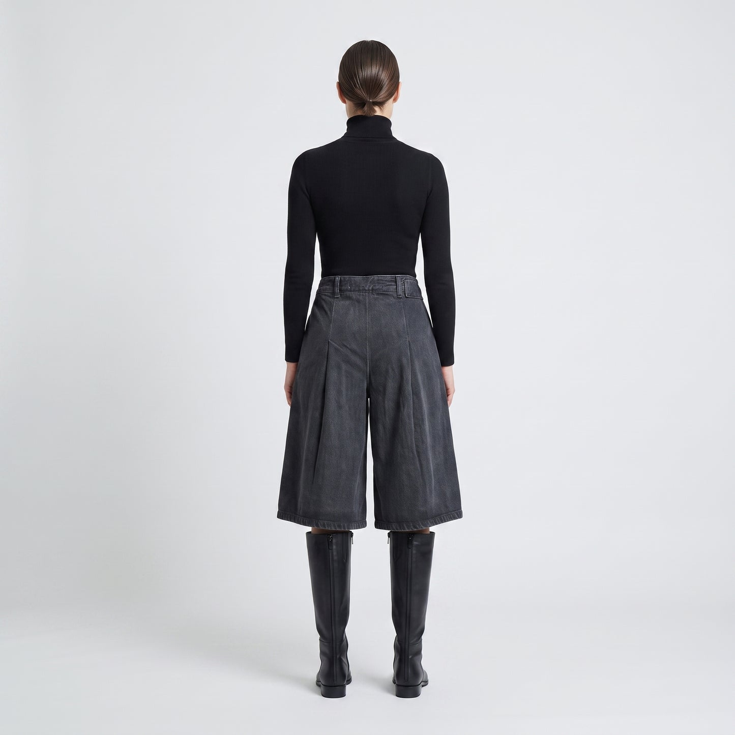 Pleated Black Denim Culottes