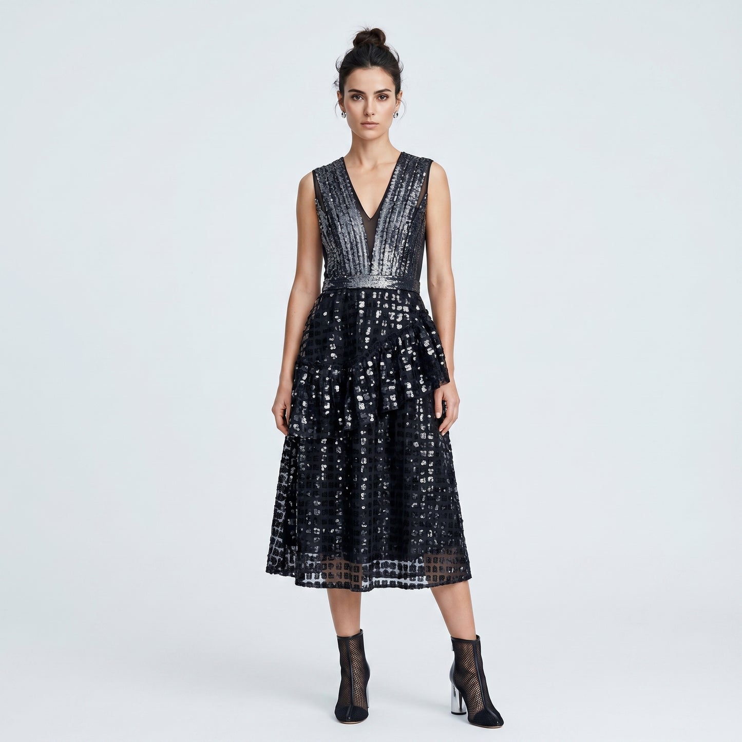Sequined Tiered V-Neck Dress