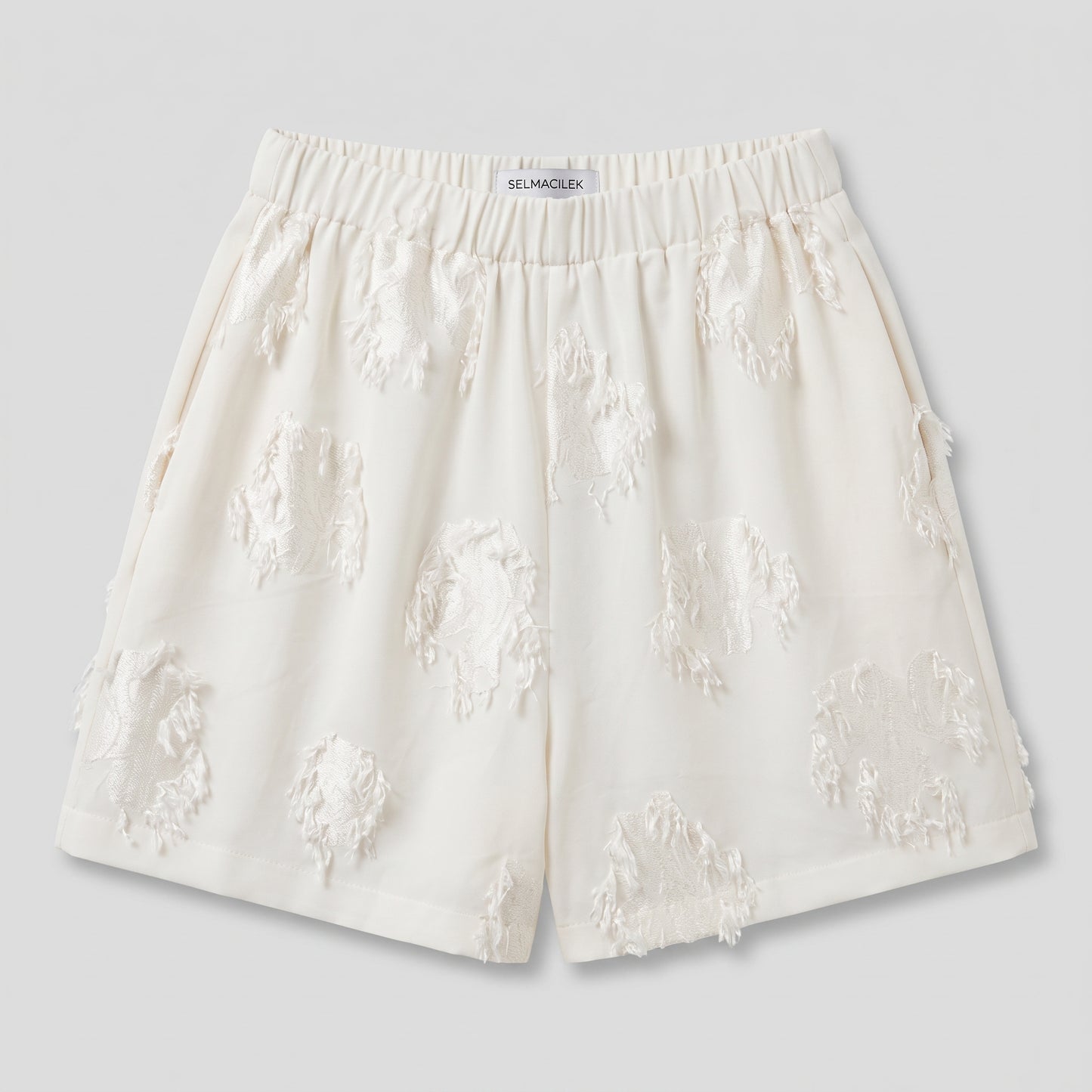 Textured Ivory Elastic Waist Shorts
