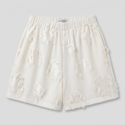 Textured Ivory Elastic Waist Shorts
