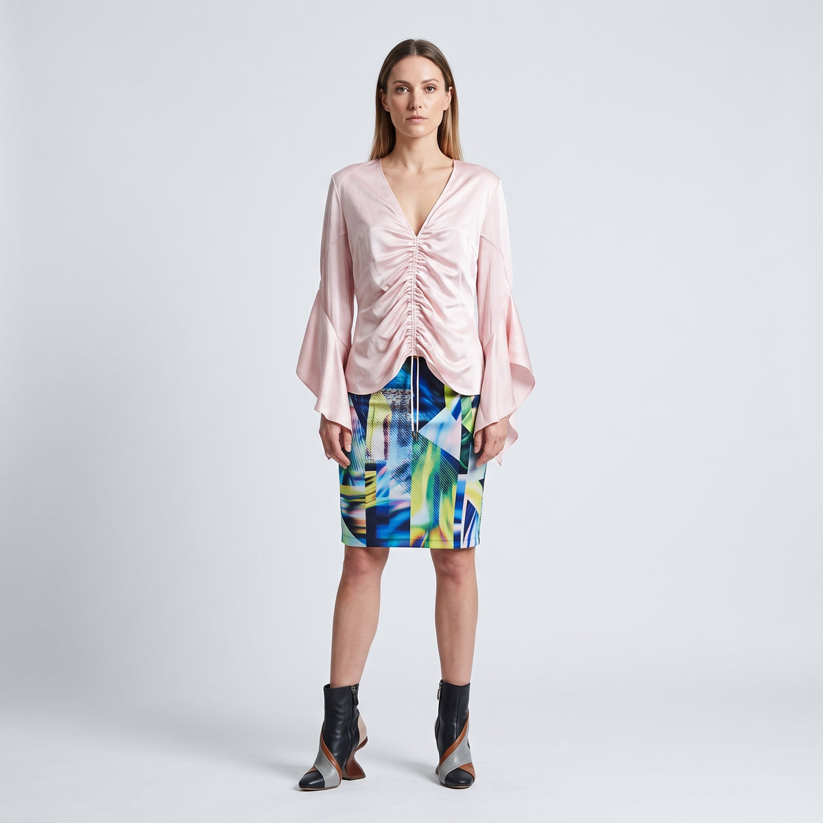 Ruched Silk Bell-Sleeve Blouse