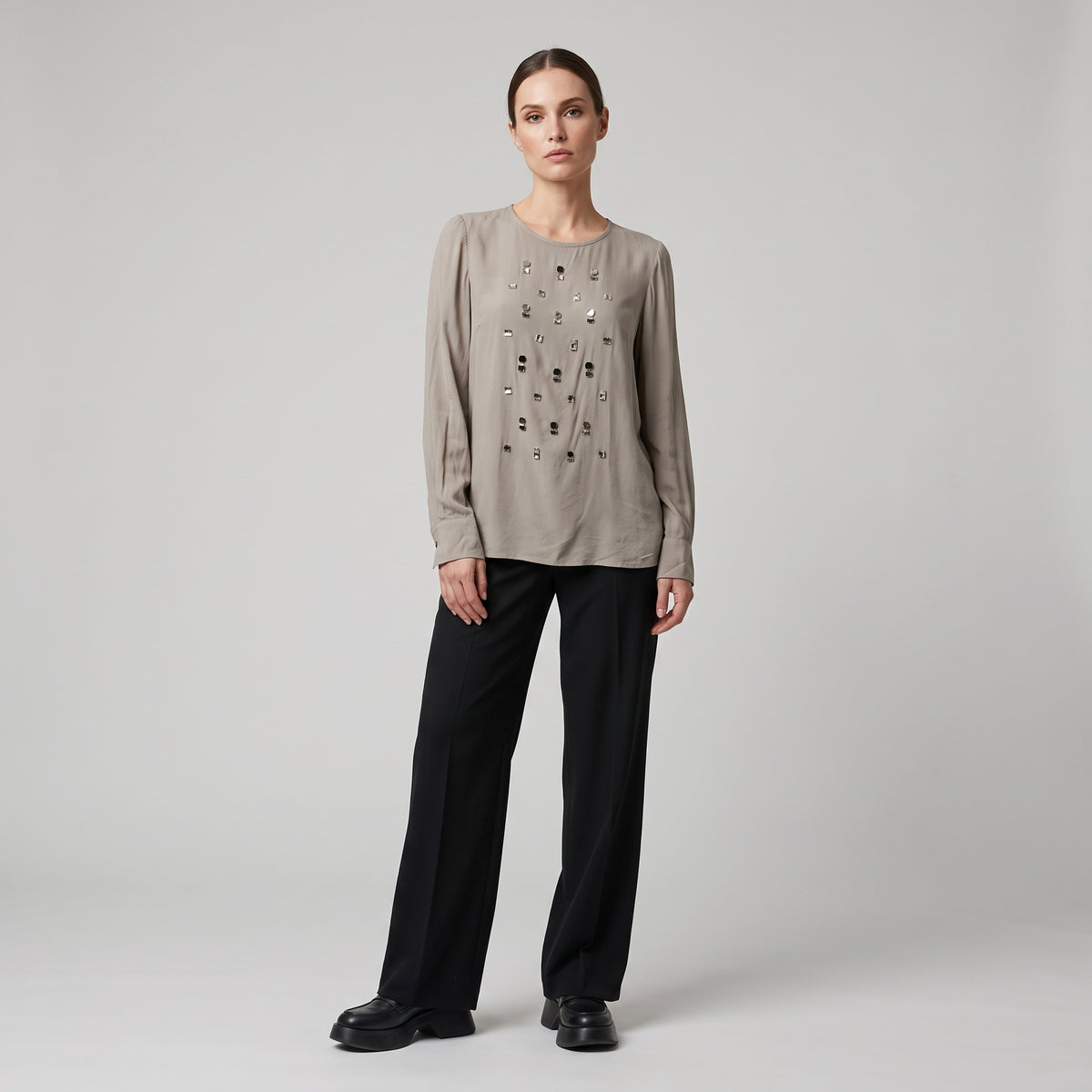 Embellished Neutral Silk Blouse