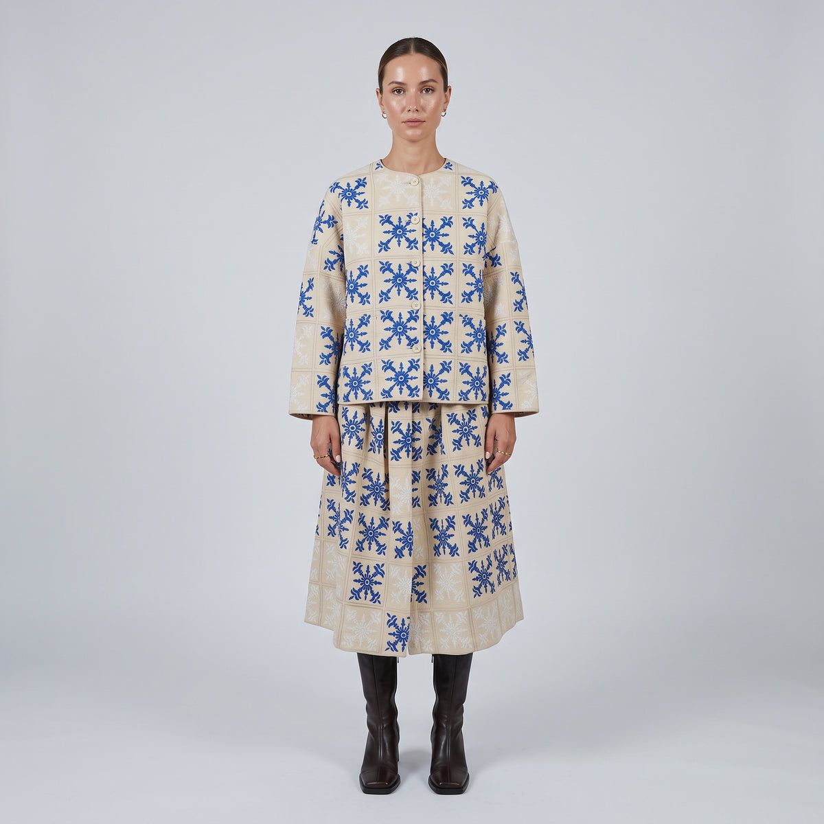 Embroidered Tile Print Midi Skirt