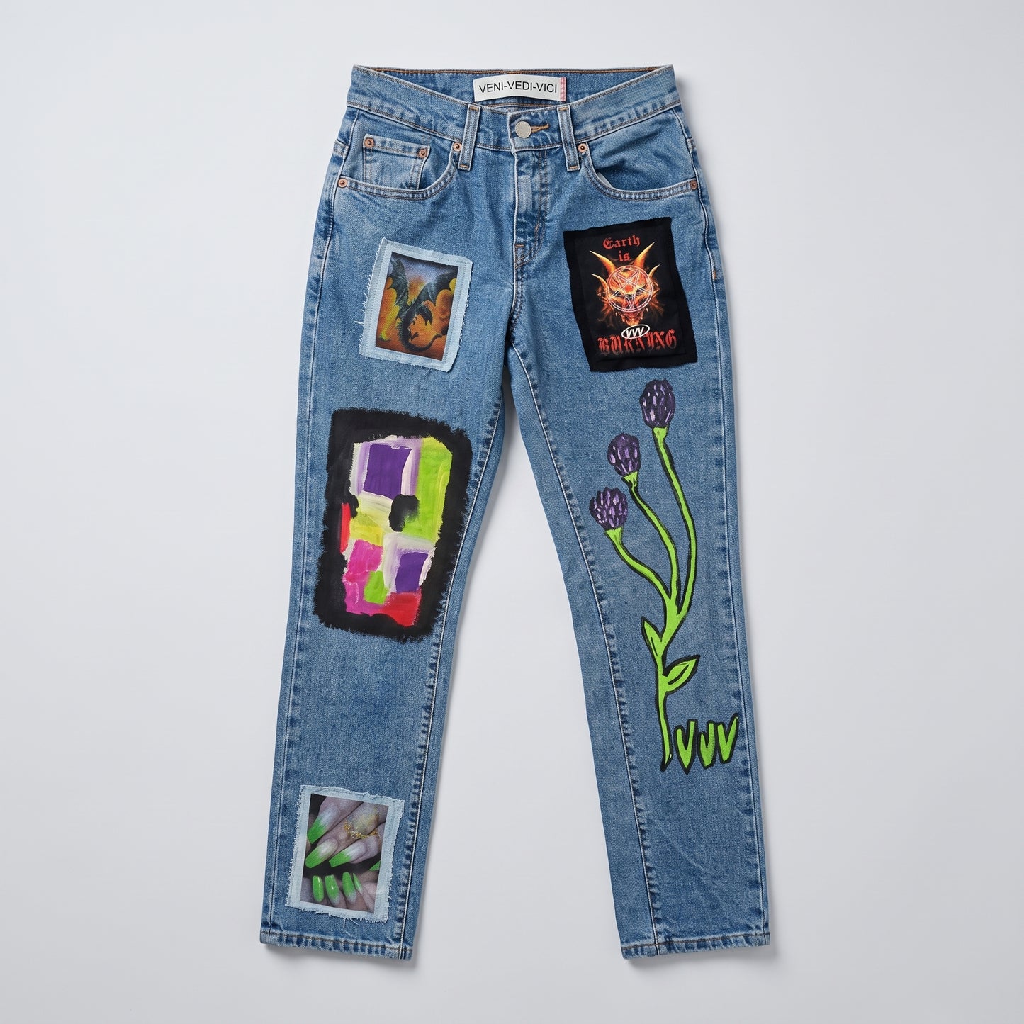 Graphic Patchwork Straight Leg Jeans
