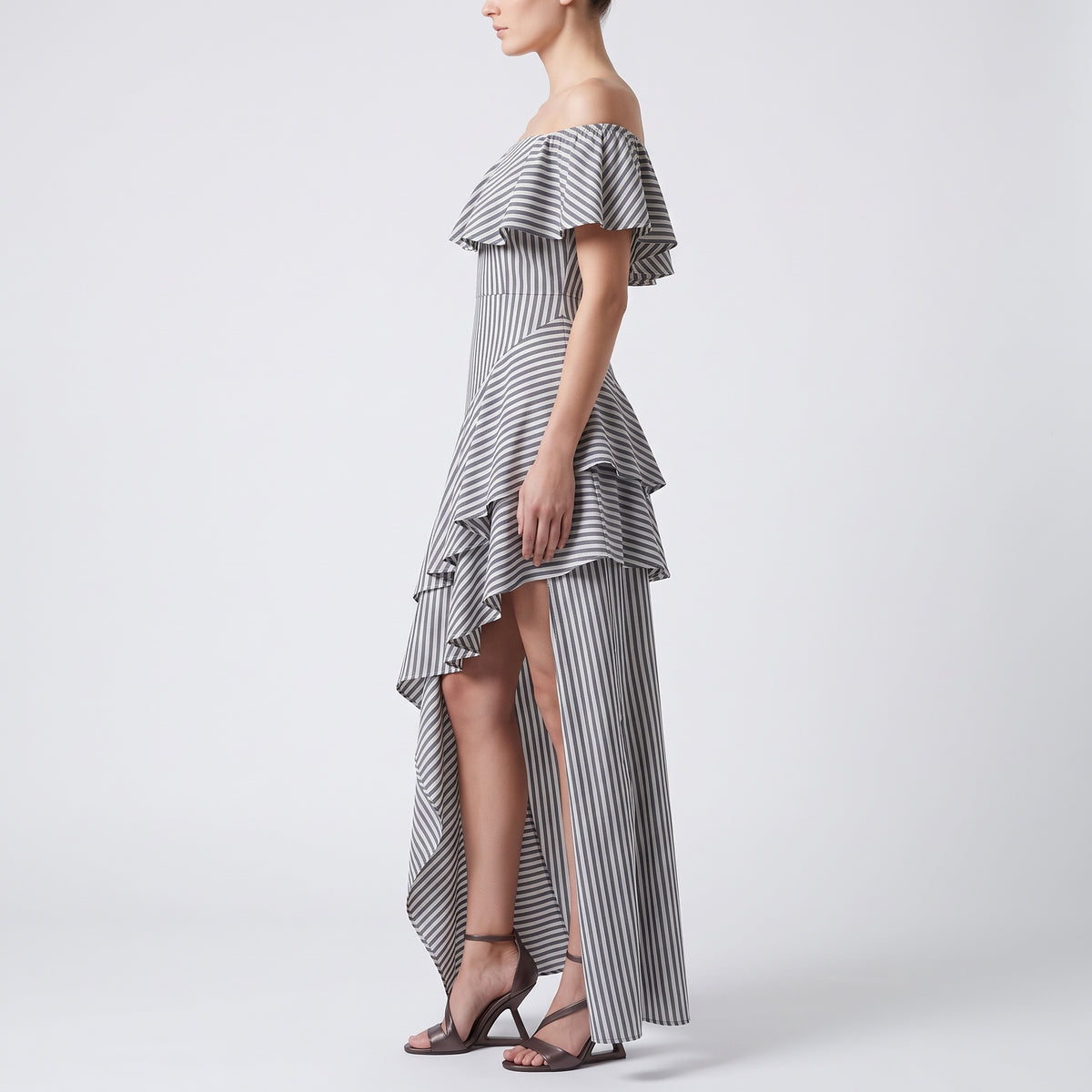 Striped Ruffled Asymmetric Midi Dress