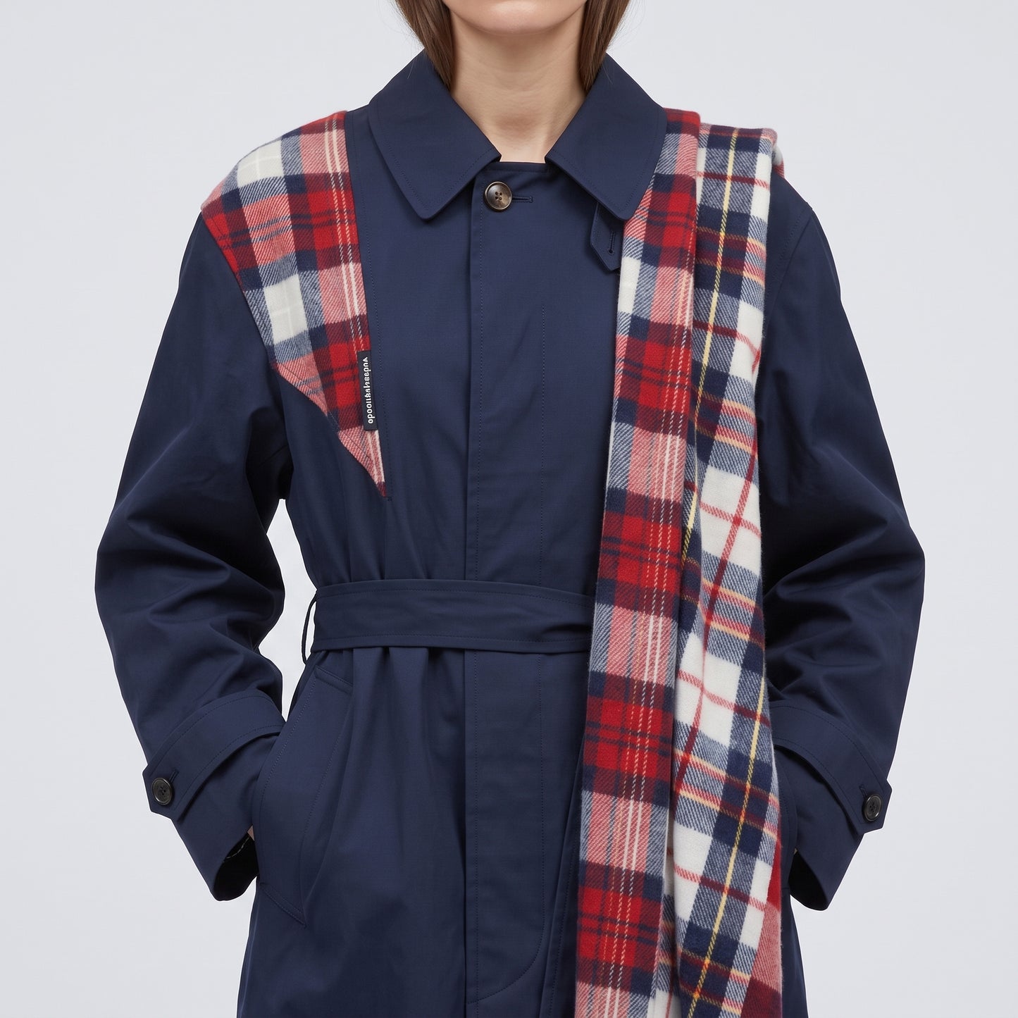 Plaid Accent Navy Trench Coat