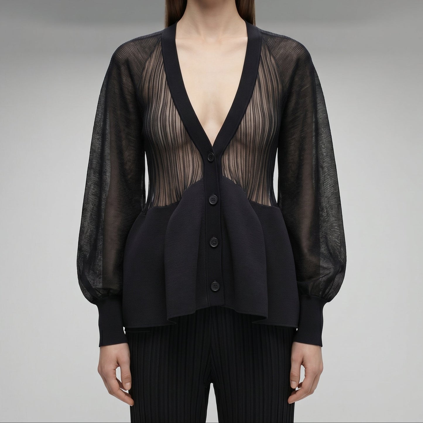 Sheer Peplum Button-Down Cardigan