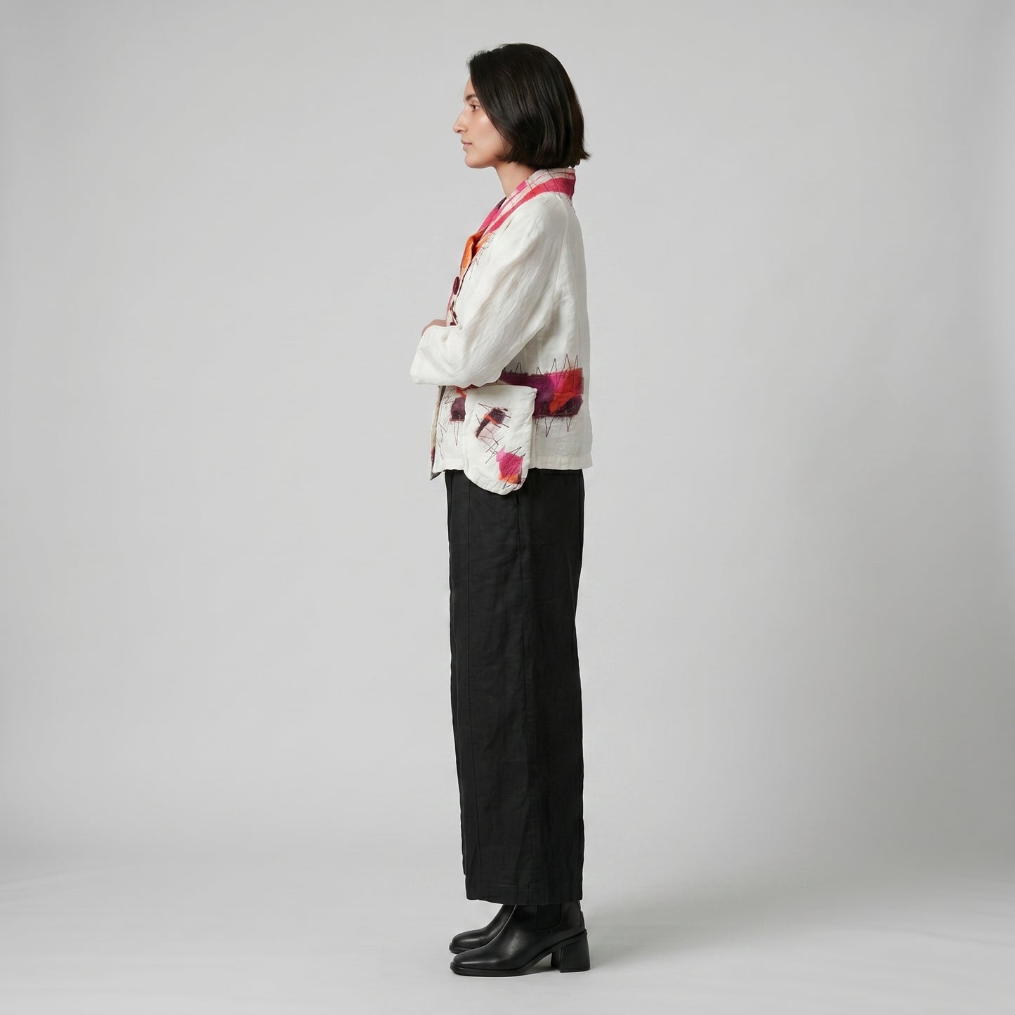 Abstract Embroidered White Linen Jacket