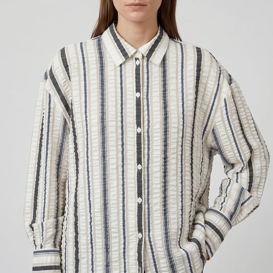 Striped Puckered Button-Down Shirt