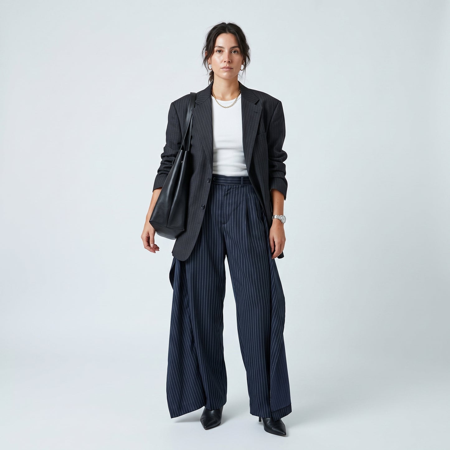 Pinstriped Tailored Wide-Leg Trousers