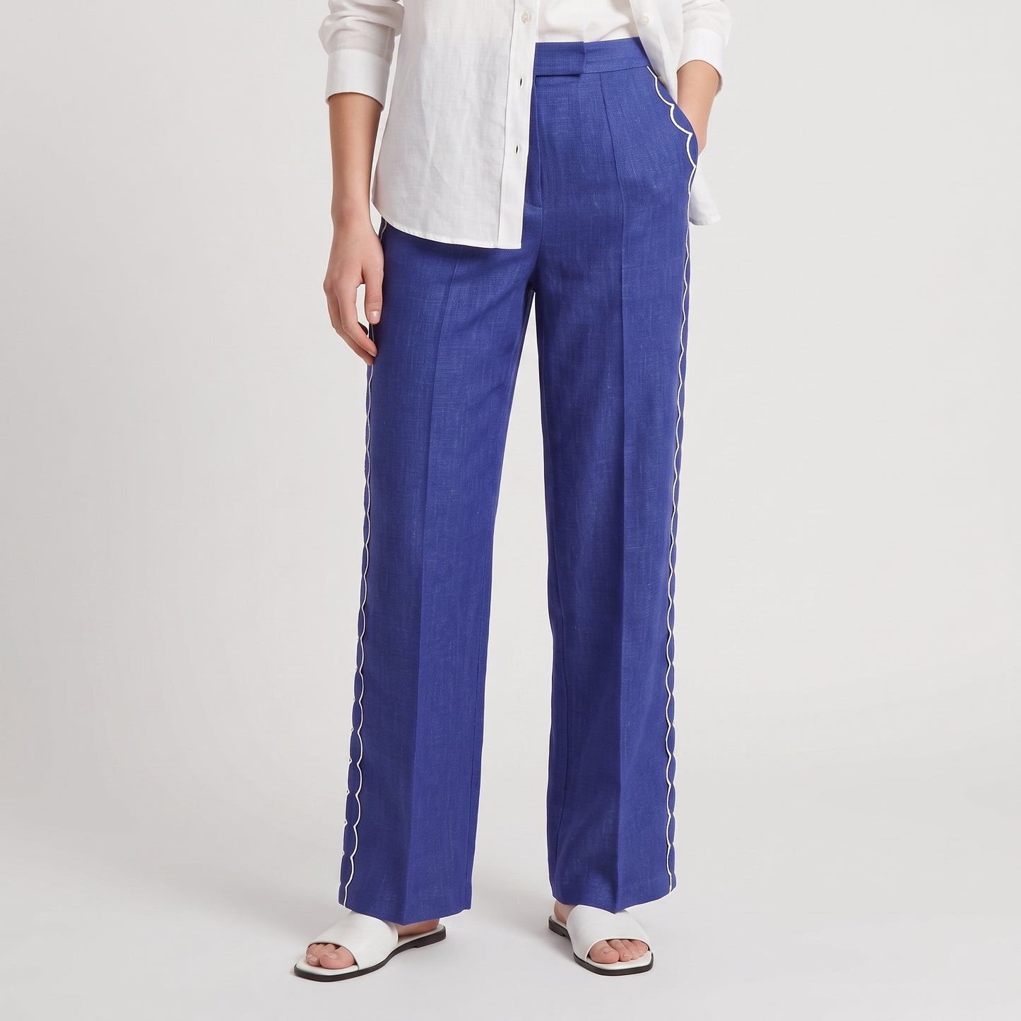 Blue Linen Scalloped Trousers