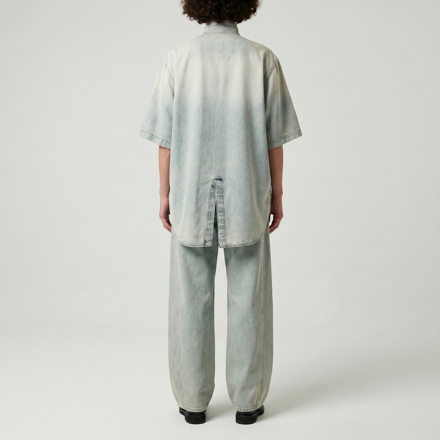 Acid Wash Denim Stand-Collar Shirt