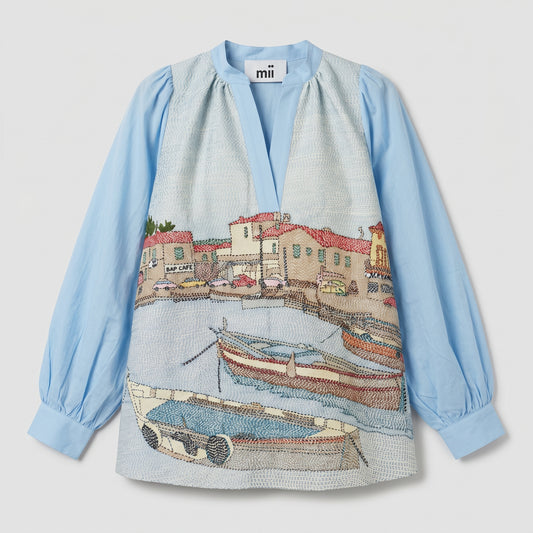 Embroidered Coastal Scene Blouse