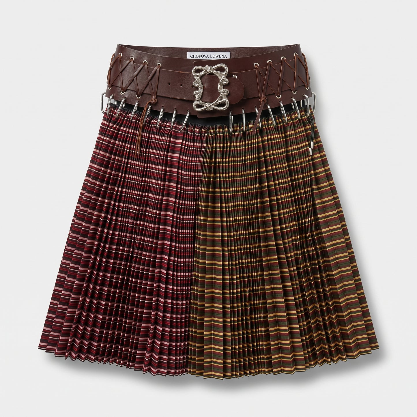 Paneled Tartan Pleated Midi Skirt