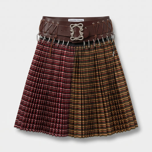Paneled Tartan Pleated Midi Skirt