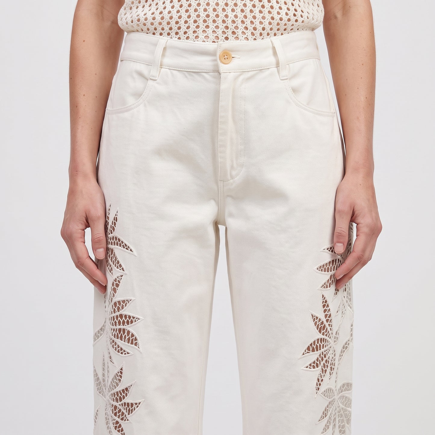 Floral Cutout White Denim Trousers