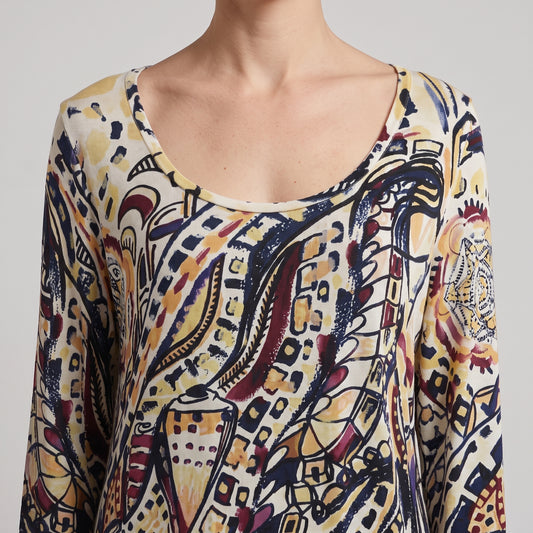 Abstract Printed Viscose Long-Sleeve Top