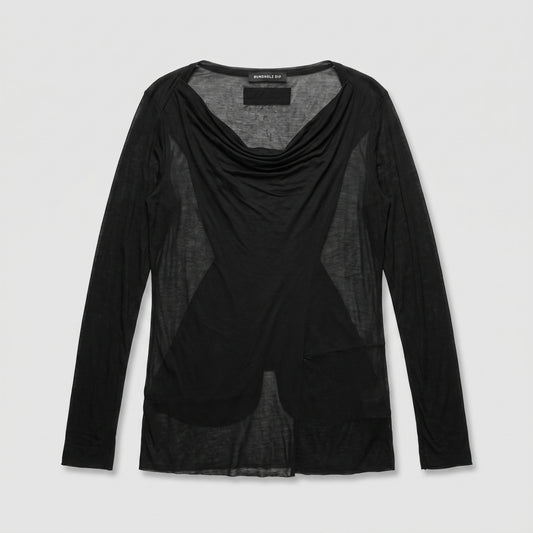 Draped Black Asymmetric Long-Sleeve Top