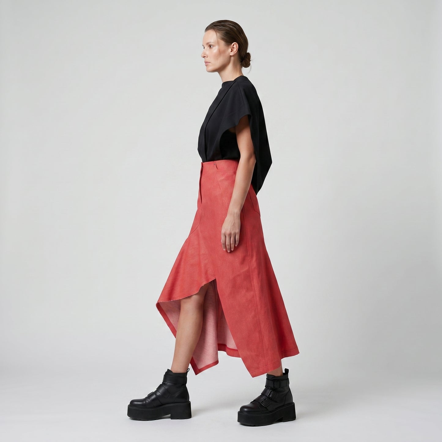 Asymmetric Red Denim Midi Skirt