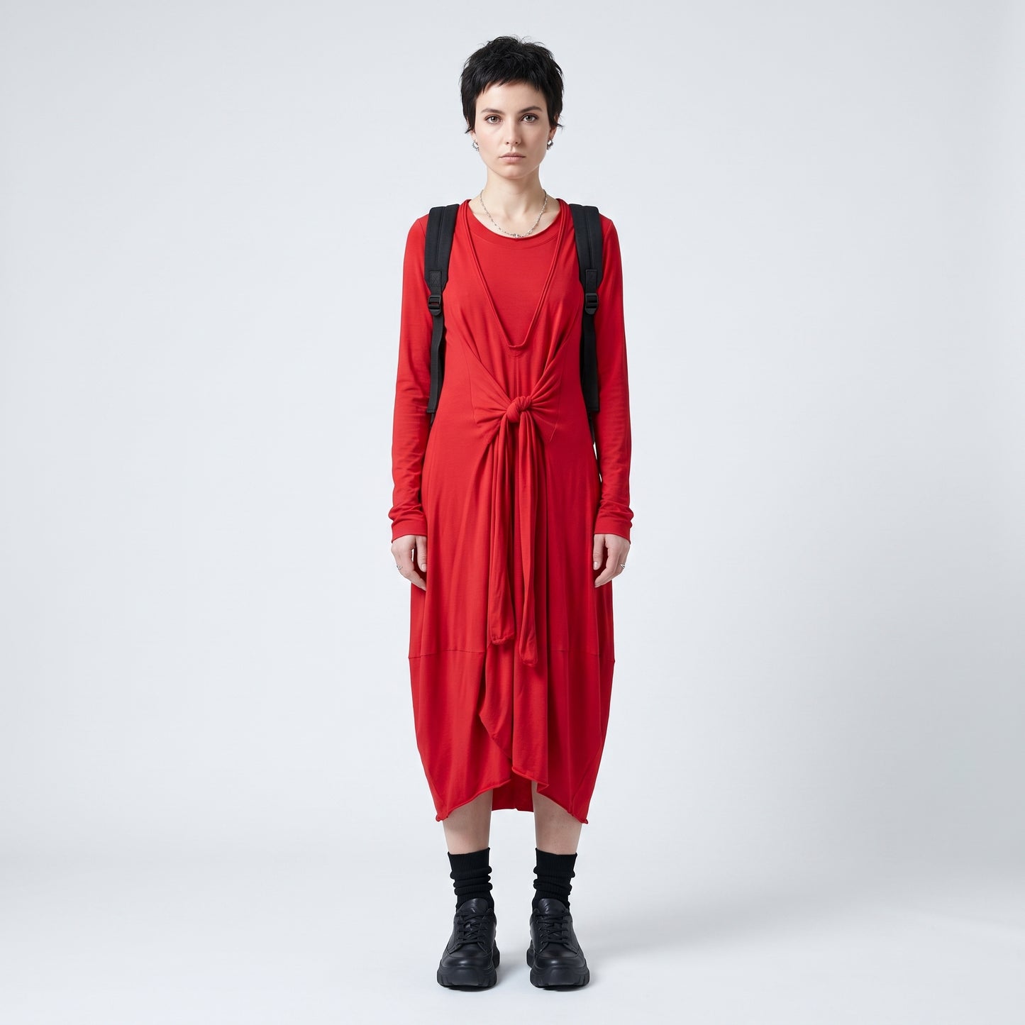 Red Tie-Front Long Sleeve Dress