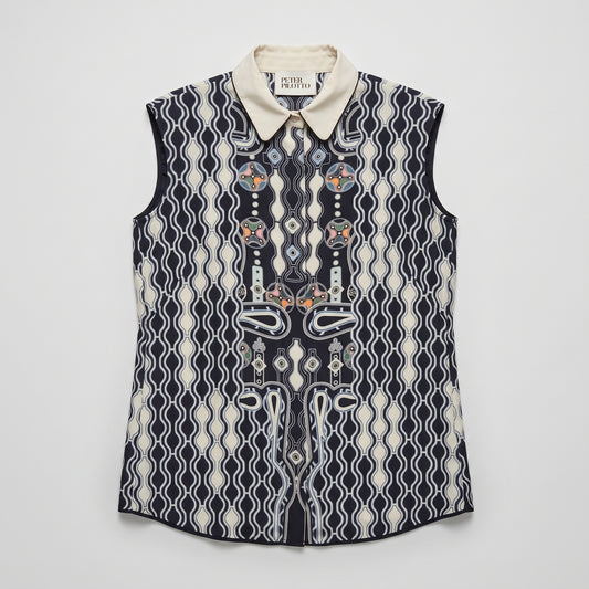 Graphic Print Collared Sleeveless Vest