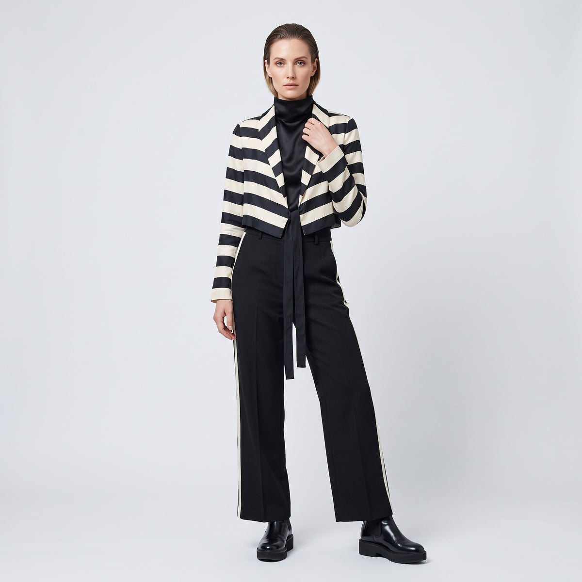 Striped Cropped Tie Front Jacket