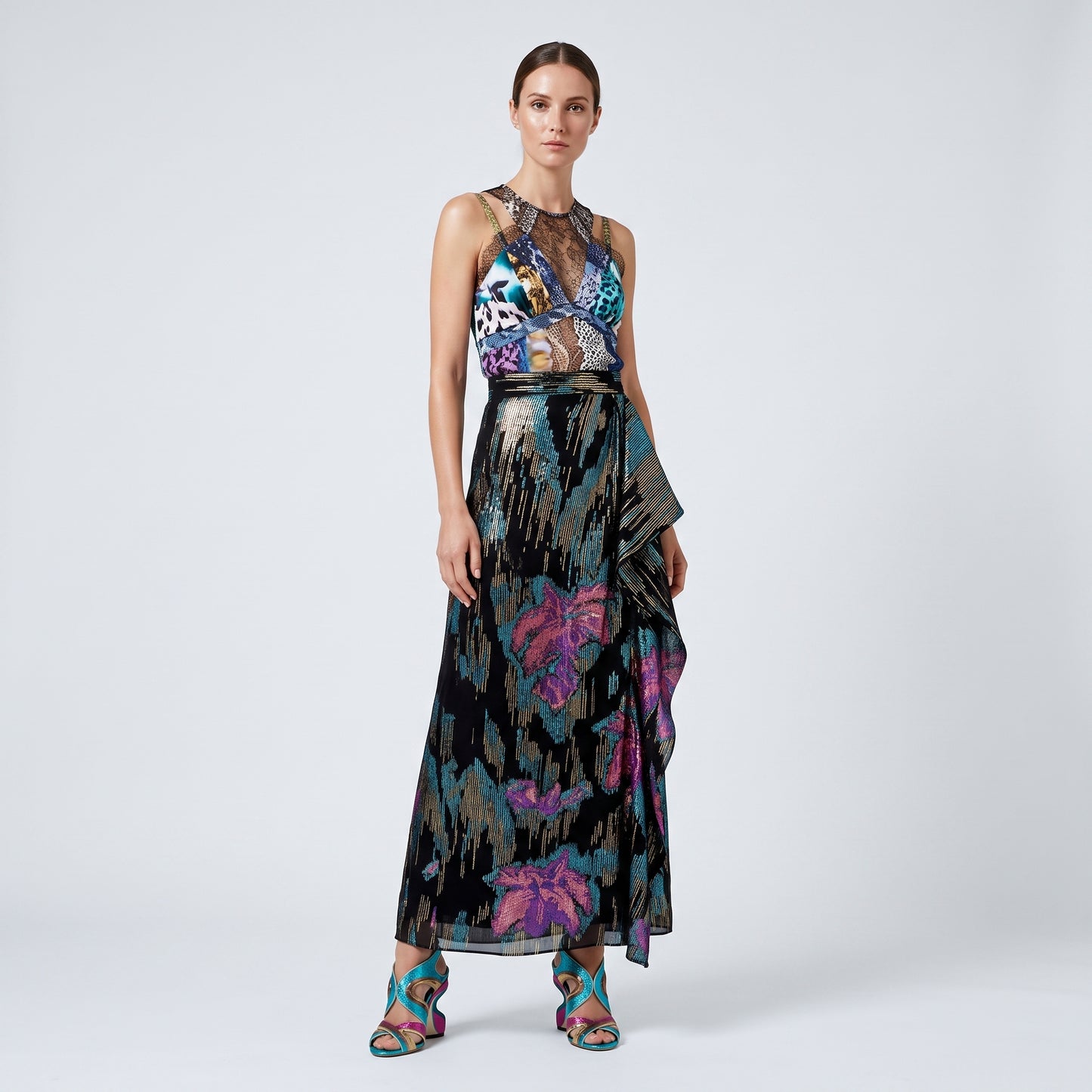 Metallic Floral Ruffle Maxi Skirt