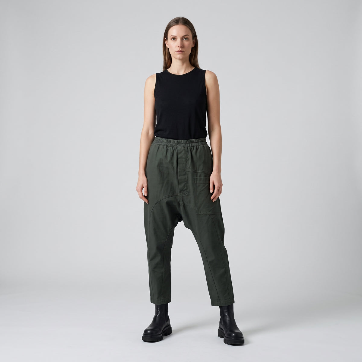Relaxed Drop-Crotch Olive Trousers