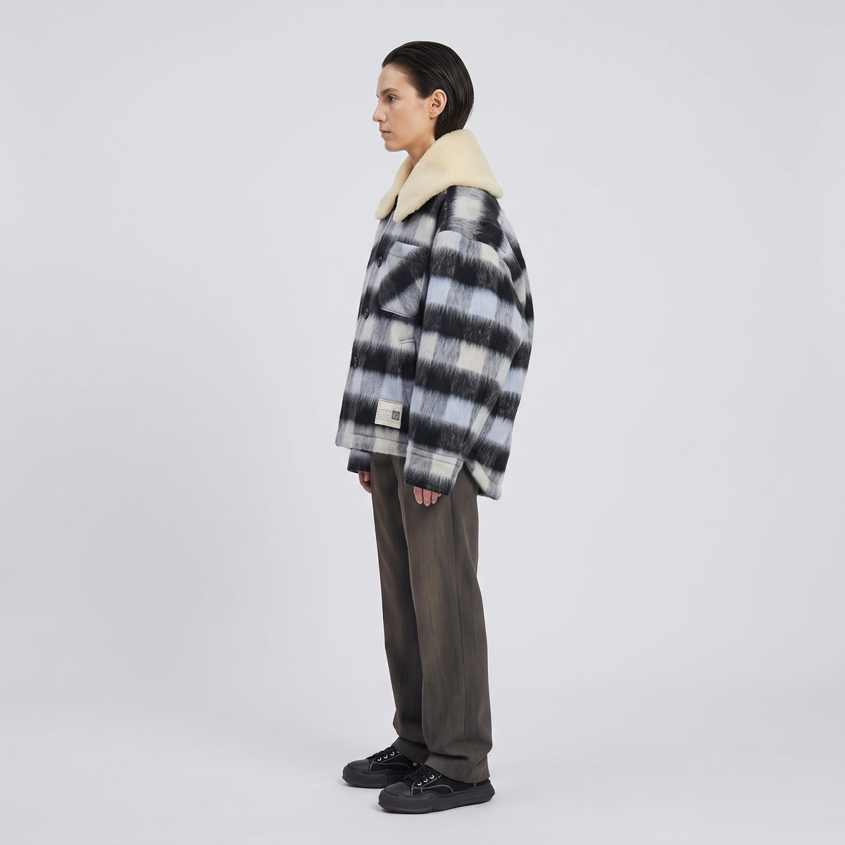 Fuzzy Plaid Shearling Collar Jacket