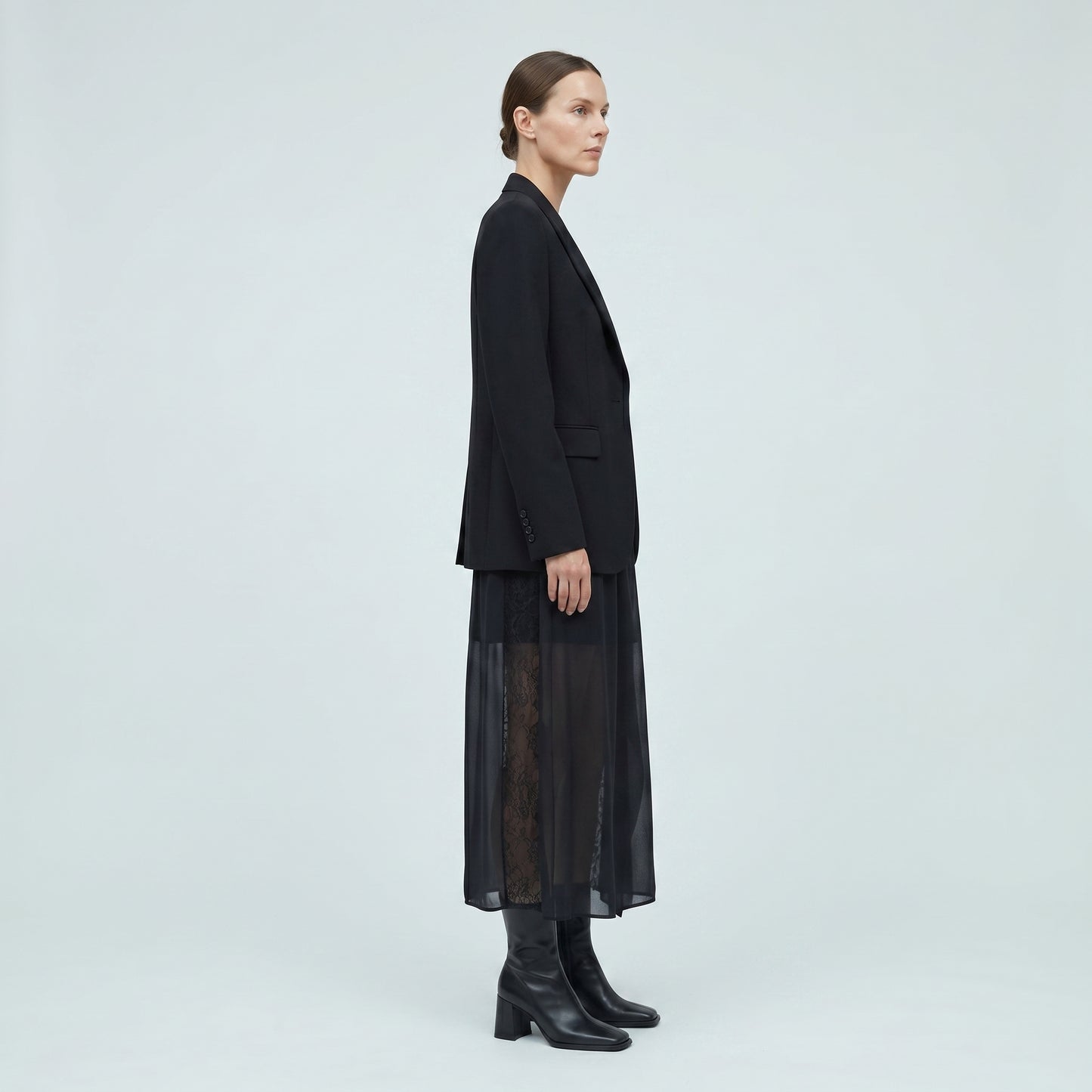 Lace-Paneled Draped Midi Skirt