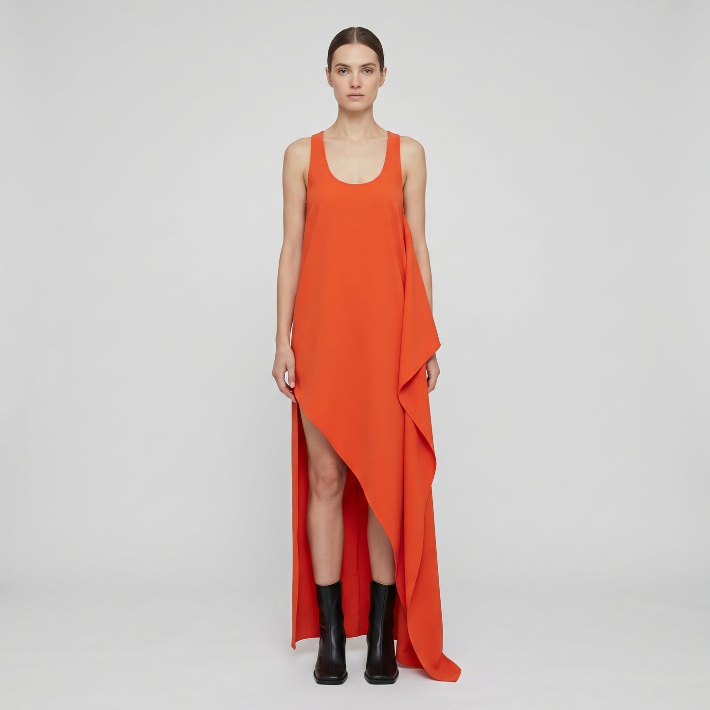 Asymmetric Draped Orange Midi Dress