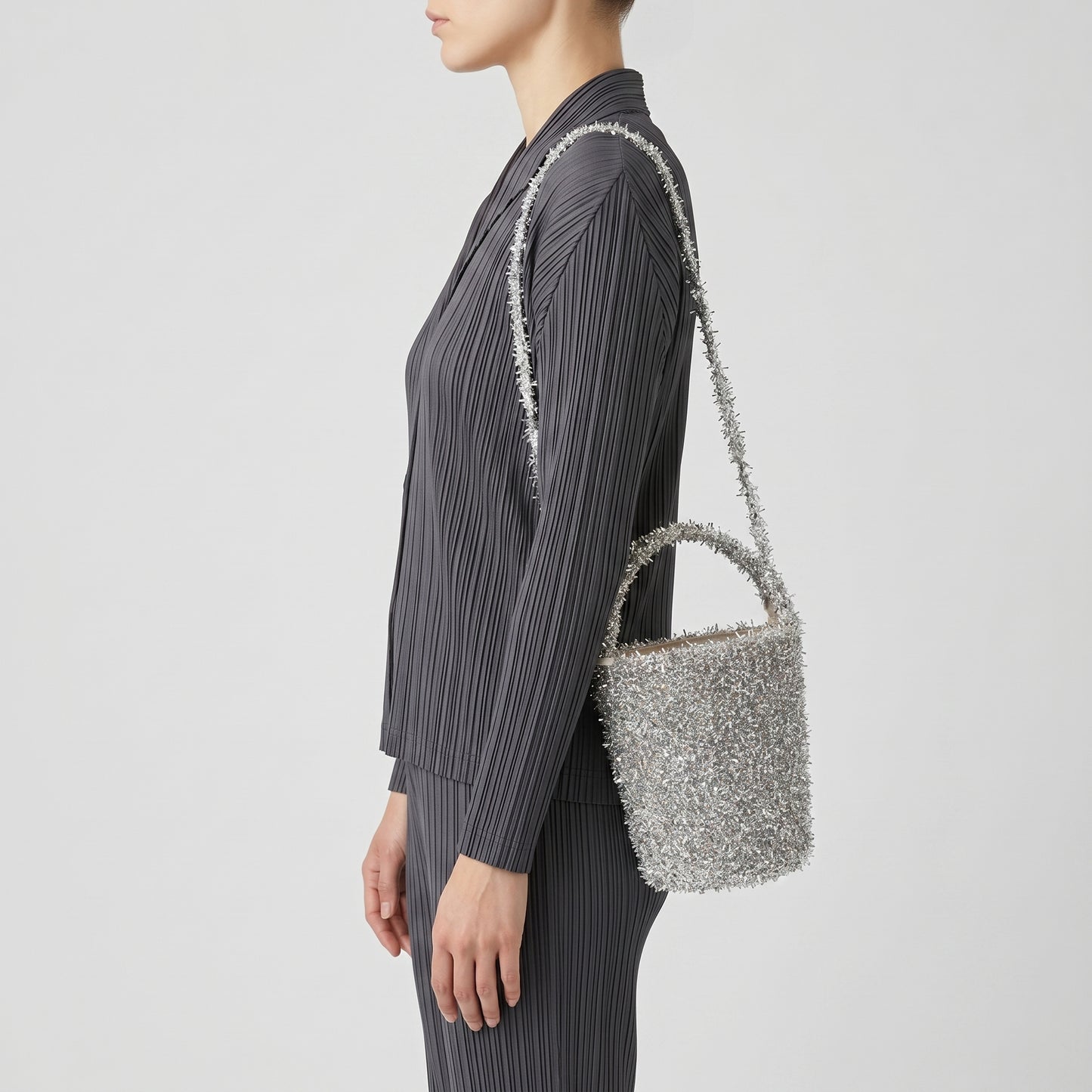 Shimmering Metallic Fringe Bucket Bag