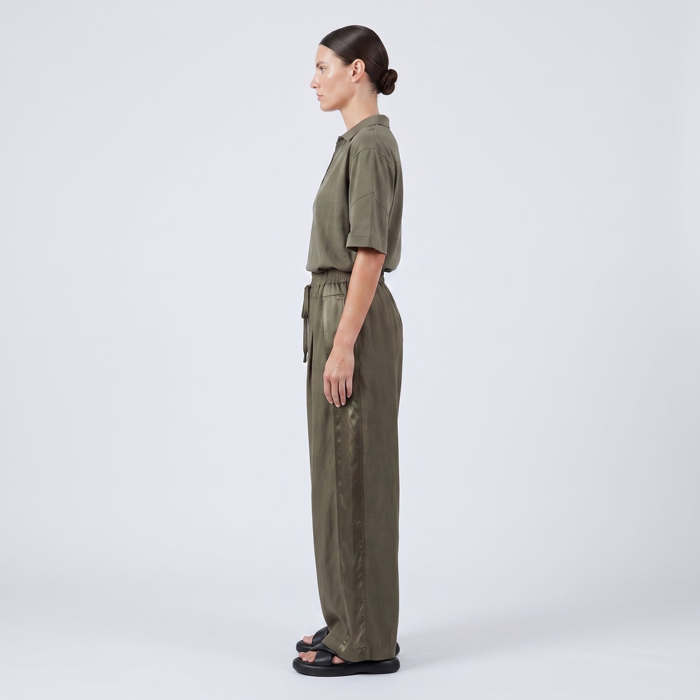 Olive Wide-Leg Satin Detail Trousers