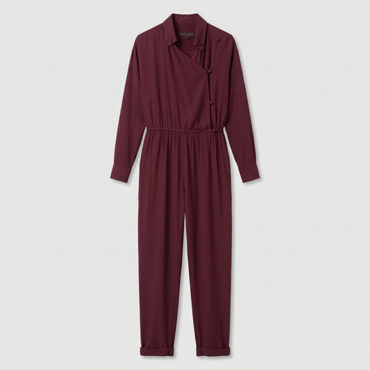 Burgundy Buttoned Silk Jumpsuit