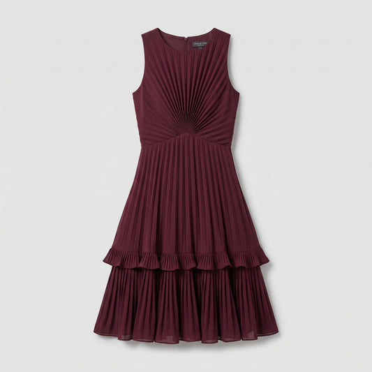 Pleated Tiered Burgundy Cocktail Dress