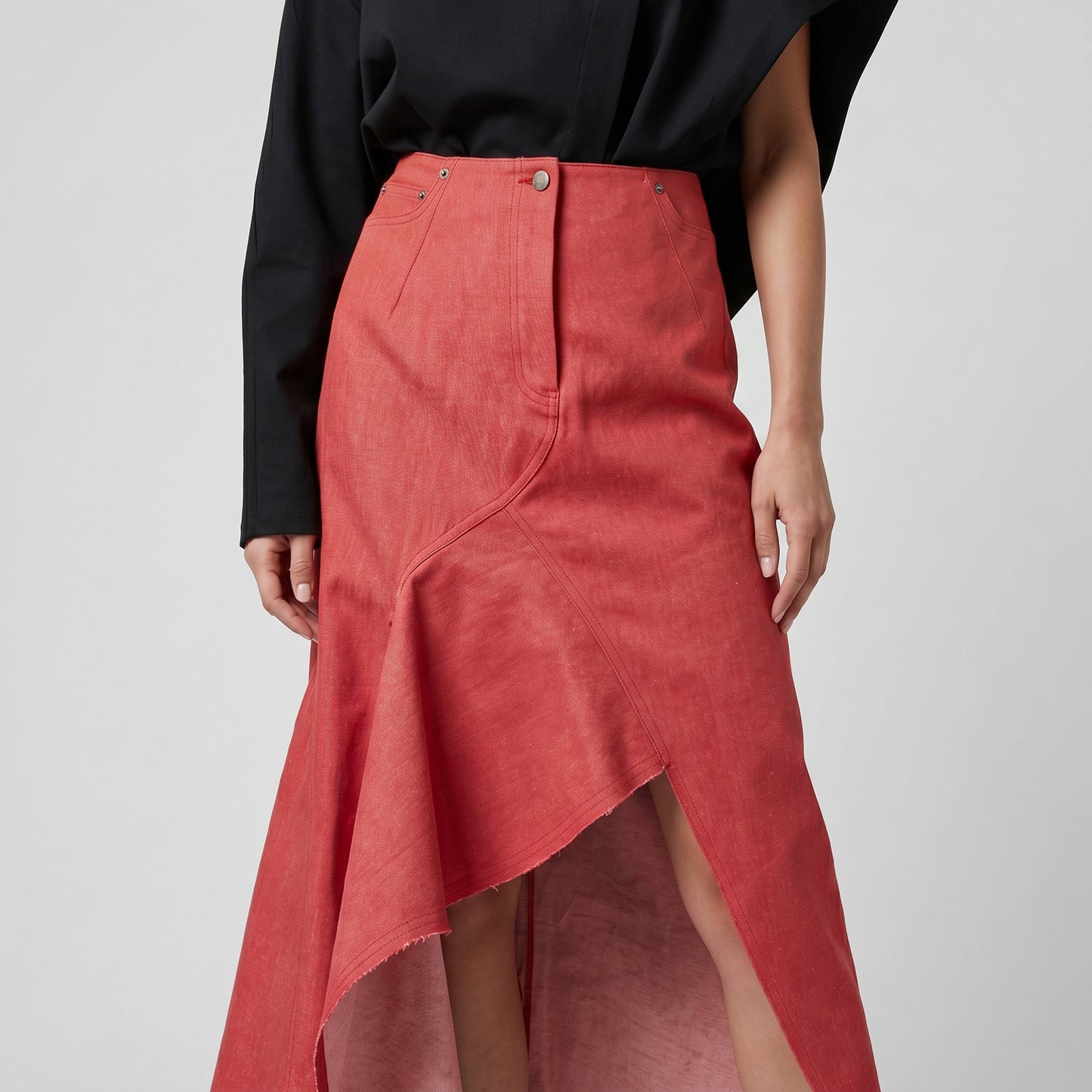 Asymmetric Red Denim Midi Skirt