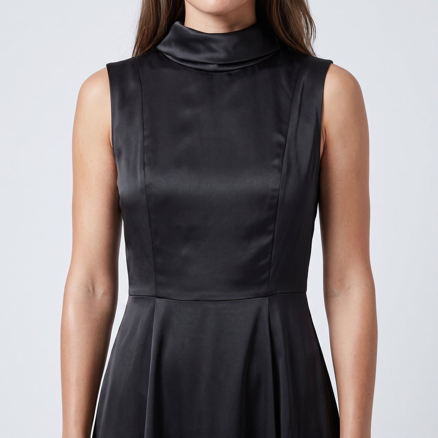 Sleeveless Satin Mock Neck Dress